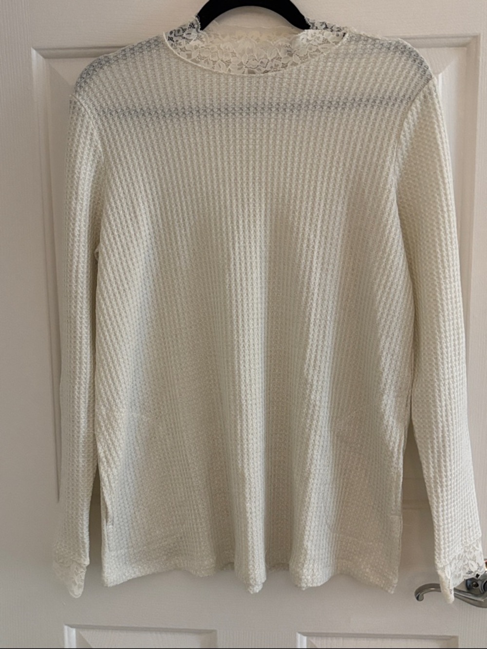 LOGO by Lori Goldstein Cream Lace-Trim Waffle Knit Top